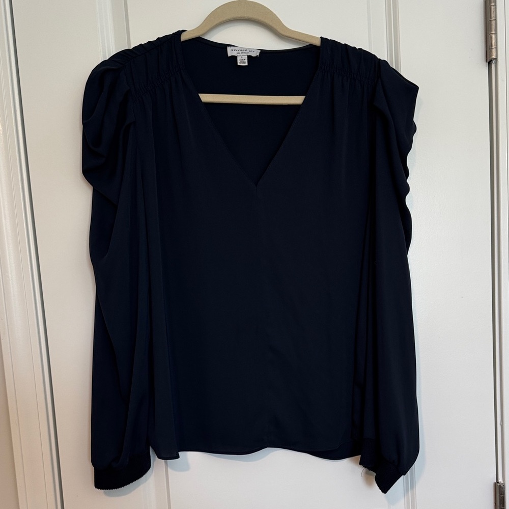 Current Air Navy V-Neck Blouse with Gathered Sleeves